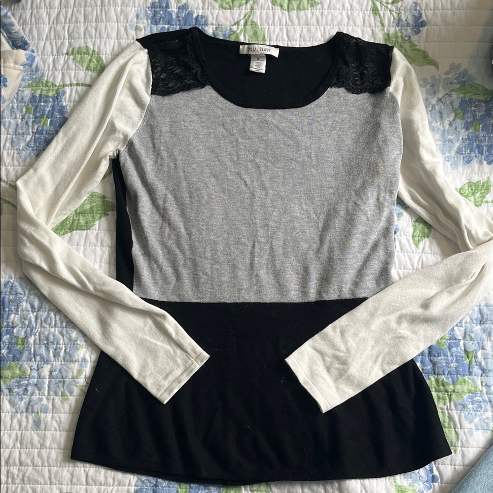 White House Black Market Black, Gray & White Lace-Shoulder Long Sleeve Top